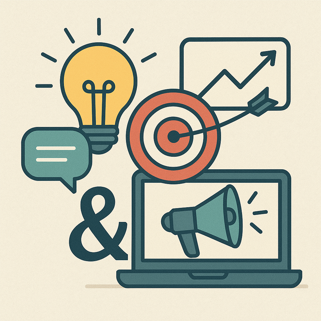 Ilustración que representa el emprendimiento y la comunicación, con íconos de idea, mensaje, objetivo y megáfono