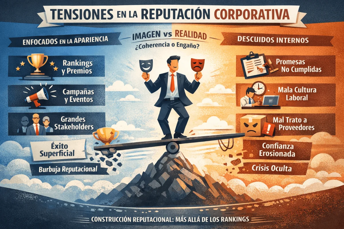 Infografía que muestra las tensiones en la gestión de la reputación corporativa, entre acciones visibles y señales silenciosas que también impactan la percepción pública.