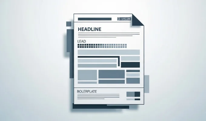 Diagrama minimalista y plano que ilustra la estructura estándar de una nota de prensa. Muestra marcadores de posición para 'Título', 'Lead' y 'Boilerplate' y bloques de texto en tonos grises.