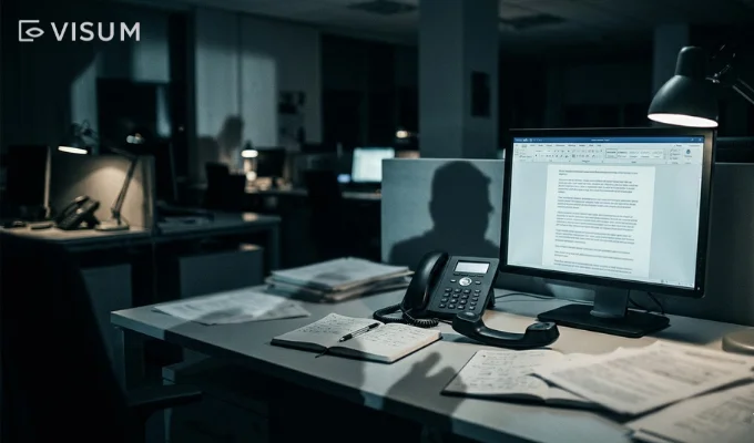 Imagen editorial de una sala de redacción con computador encendido, teléfono descolgado y documentos sobre un escritorio, en un ambiente de tensión asociado a presión sobre la prensa y daño reputacional.